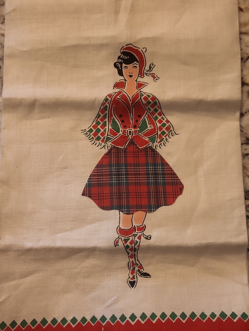 New Vintage Linen Scottish Lass Tea Towel